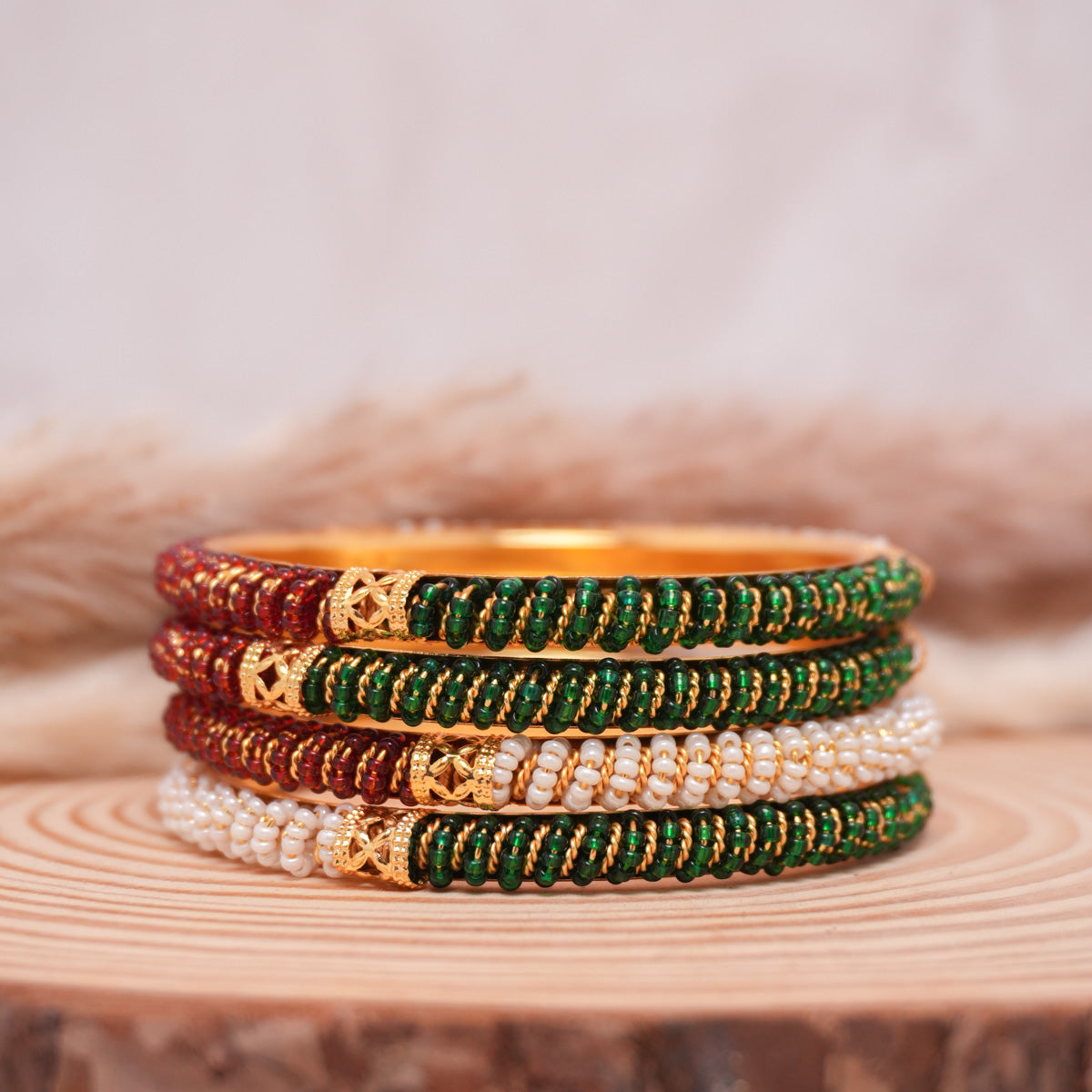Pearl Polki Maroon Green Alloy Bangle Set