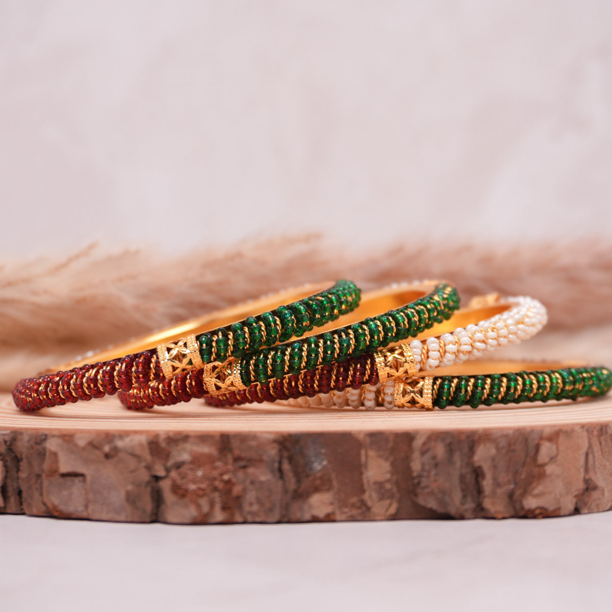 Pearl Polki Maroon Green Alloy Bangle Set