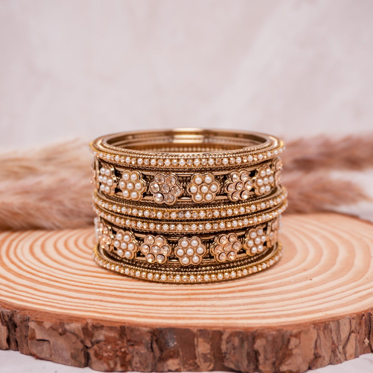 Floral Pearl Brass Bangle Set