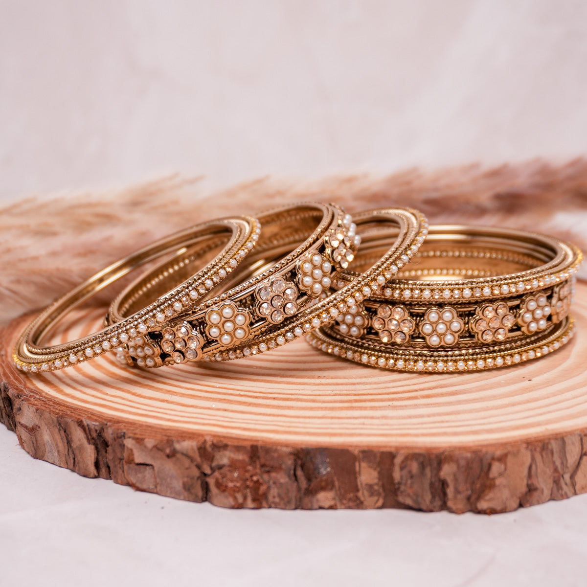 Floral Pearl Brass Bangle Set