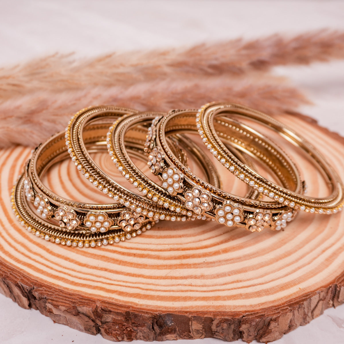 Floral Pearl Brass Bangle Set