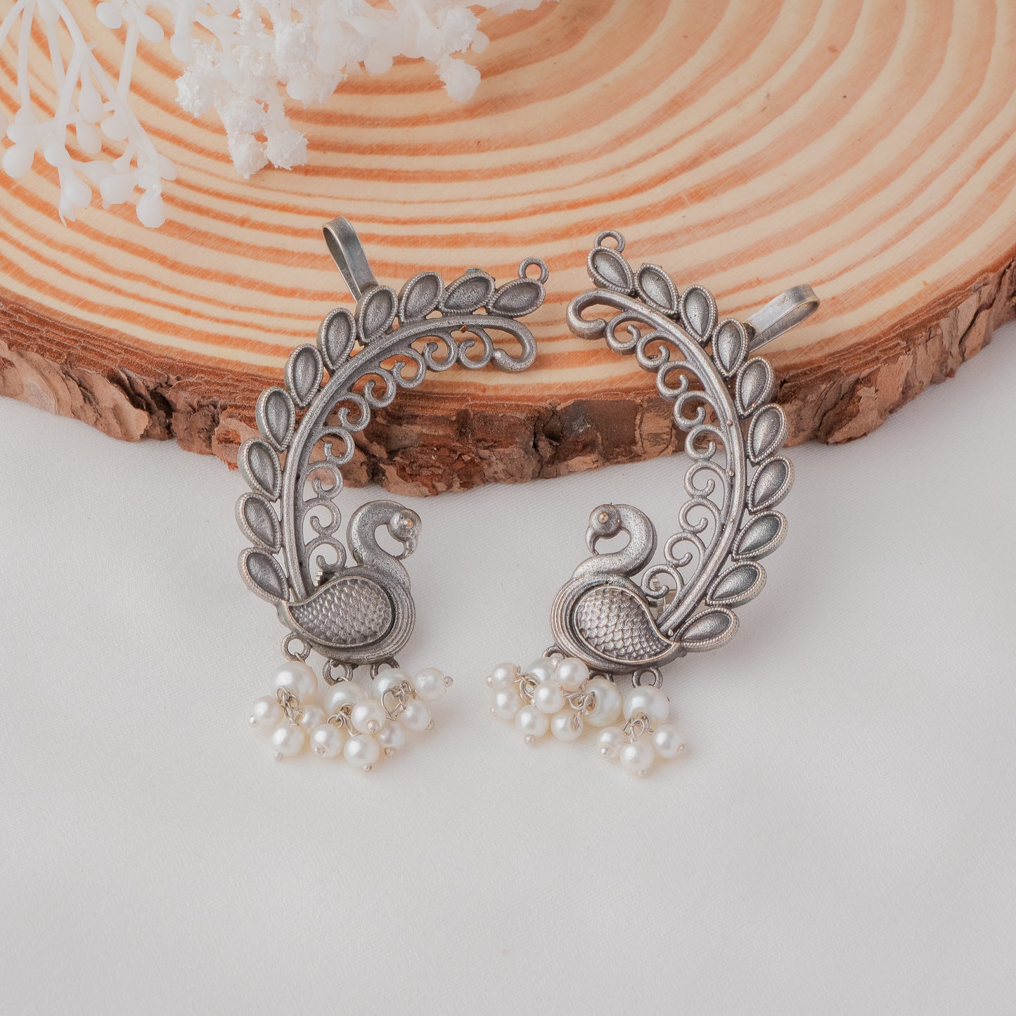 Oxidised Peacock Earcuffs with Pearl drops