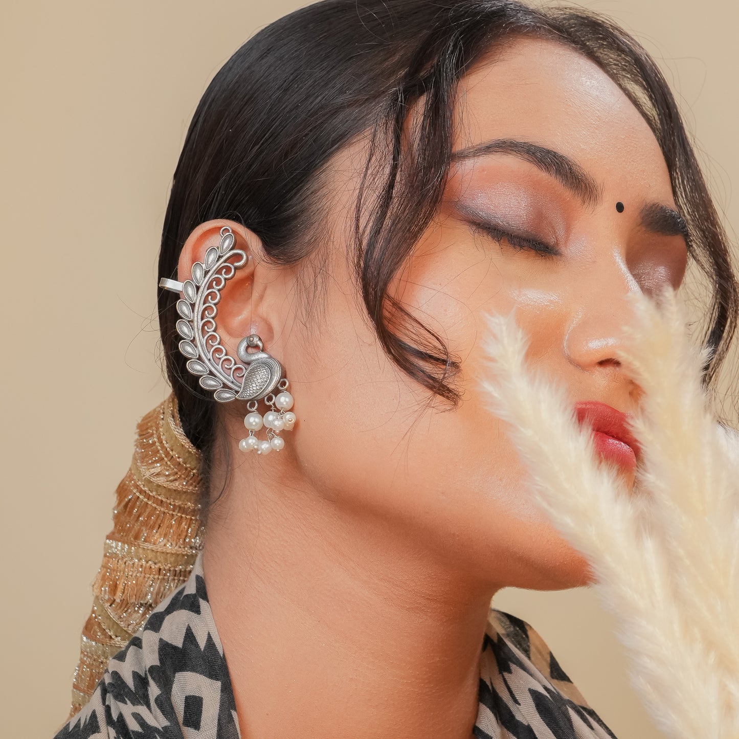Oxidised Peacock Earcuffs with Pearl drops
