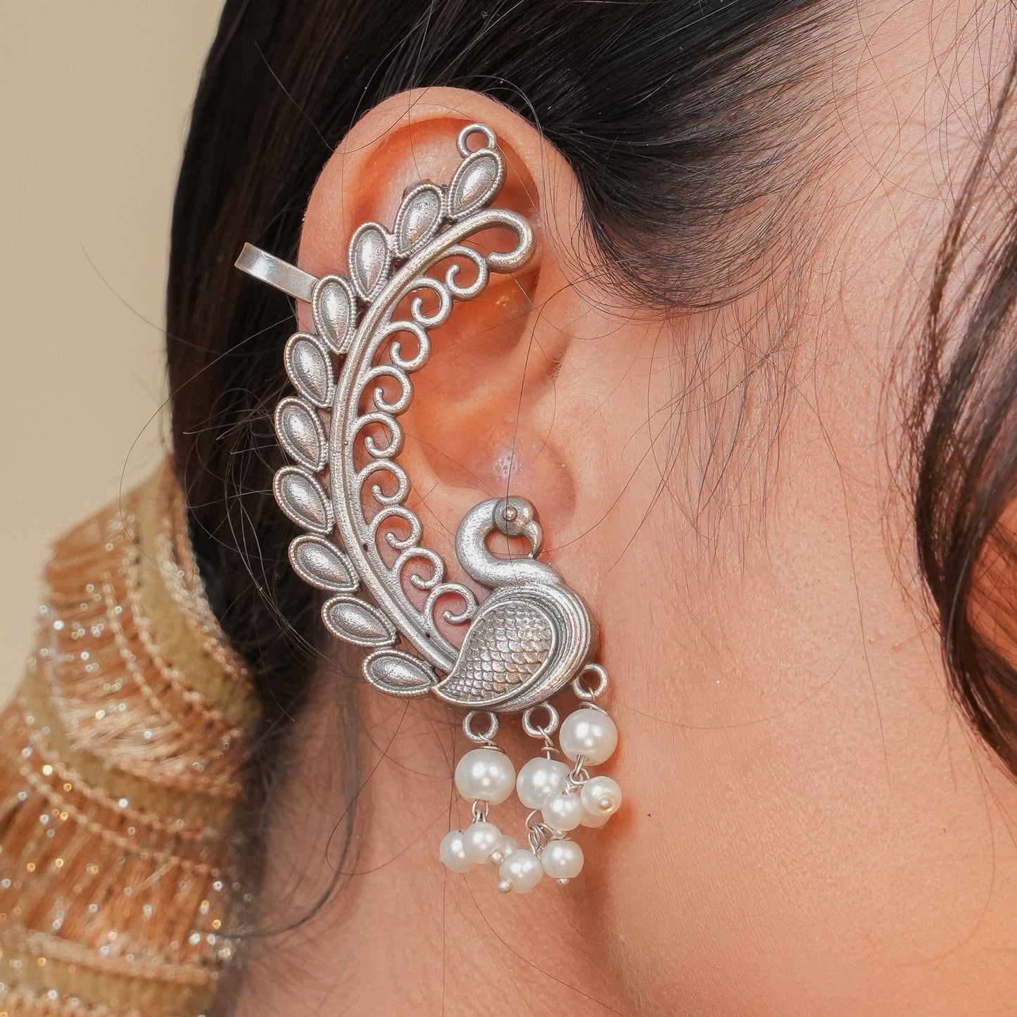 Oxidised Peacock Earcuffs with Pearl drops