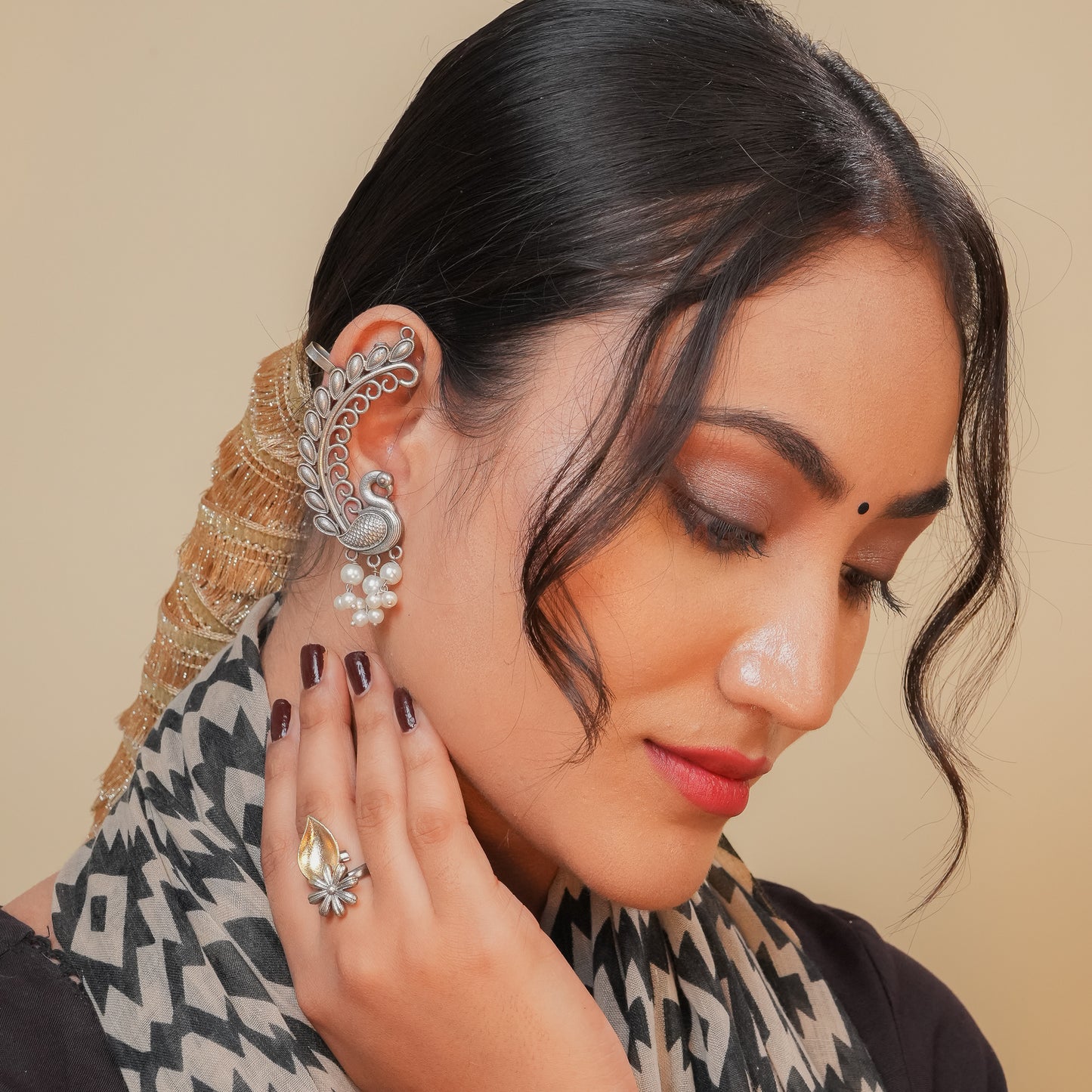 Oxidised Peacock Earcuffs with Pearl drops