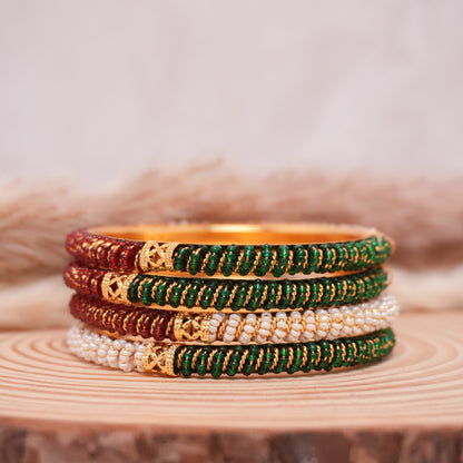 Pearl Polki Maroon Green Alloy Bangle Set