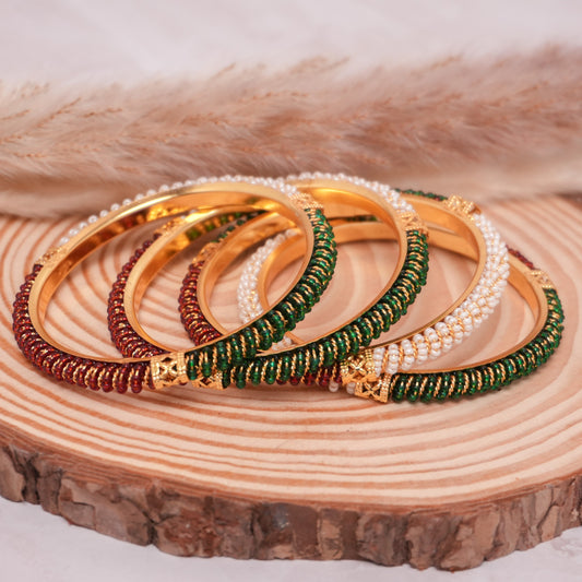 Pearl Polki Maroon Green Alloy Bangle Set
