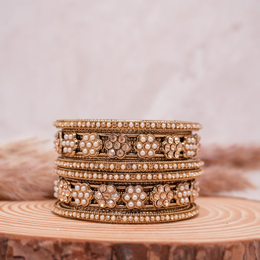 Floral Pearl Brass Bangle Set