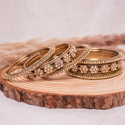 Floral Pearl Brass Bangle Set