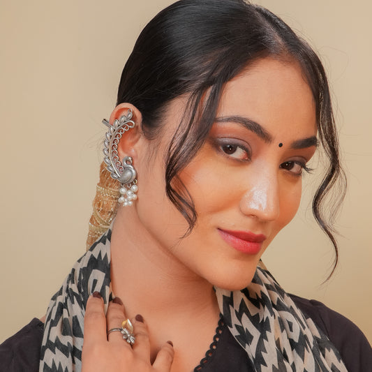 Oxidised Peacock Earcuffs with Pearl drops